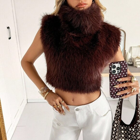 Brown Preppy Women's Faux Fur Turtleneck Cropped Vest Top - Picture 6 of 8